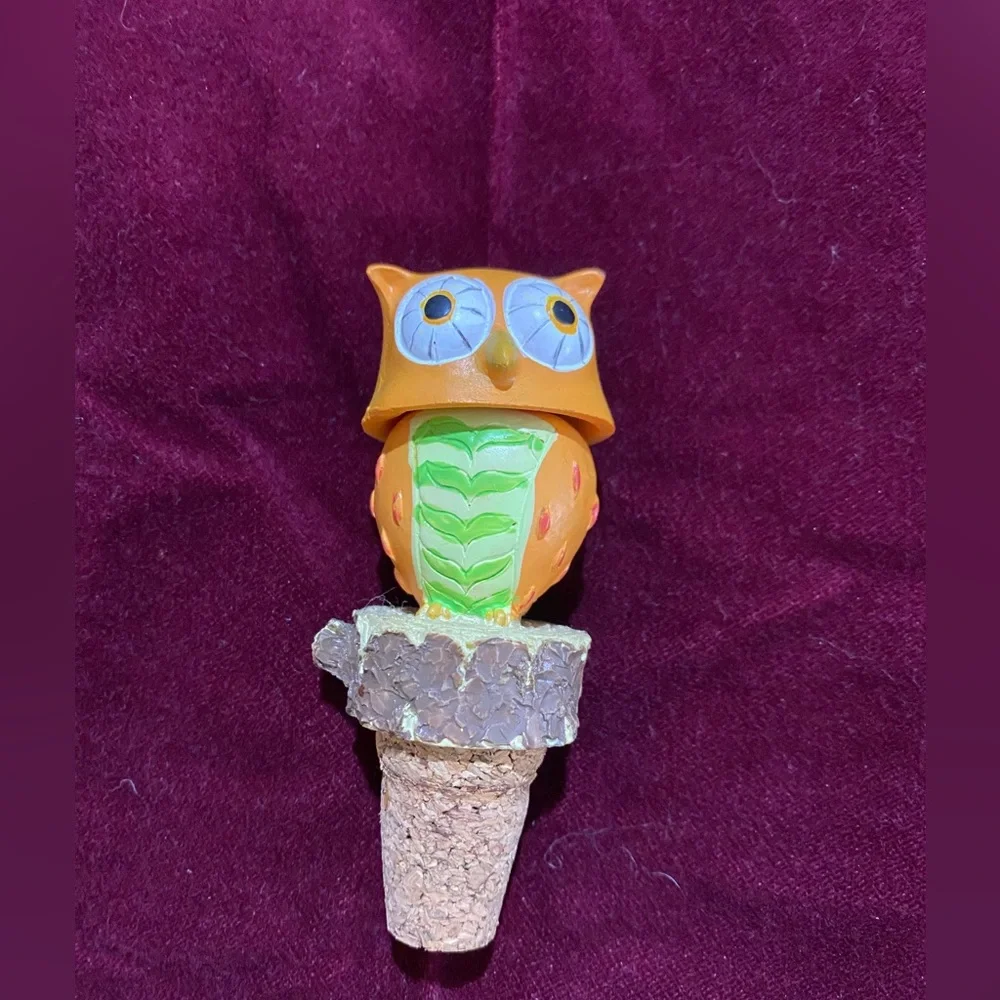 Colorful Owl Wine Bottle Stoppers Set of 2 Orange Blue Decorative Figurines Cork